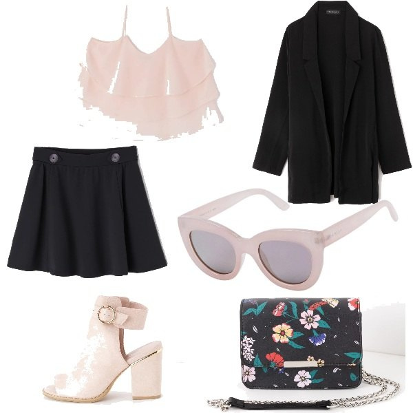 Outfit donna - Think pink 2. Stile Bon Ton per Tutti i giorni. Abbinamento con occhiali da sole, top con balze rosa e pastello, sabot rosa, borsa a tracolla fantasia in ecopelle nero, giacca lunga tinta unita nero, gonna mini tinta unita nero.