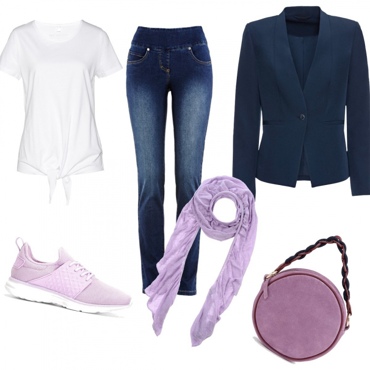 Outfit donna - Basic #7561. Stile Basic per Scuola/Università. Abbinamento con blazer, jeans slim fit, t-shirt con nodi bianco, sneakers suola leggera viola, sciarpa lavorato a maglia tinta unita, borsa a tracolla con cinturino effetto scamosciato con zip in denim con manico forma intrecciata.