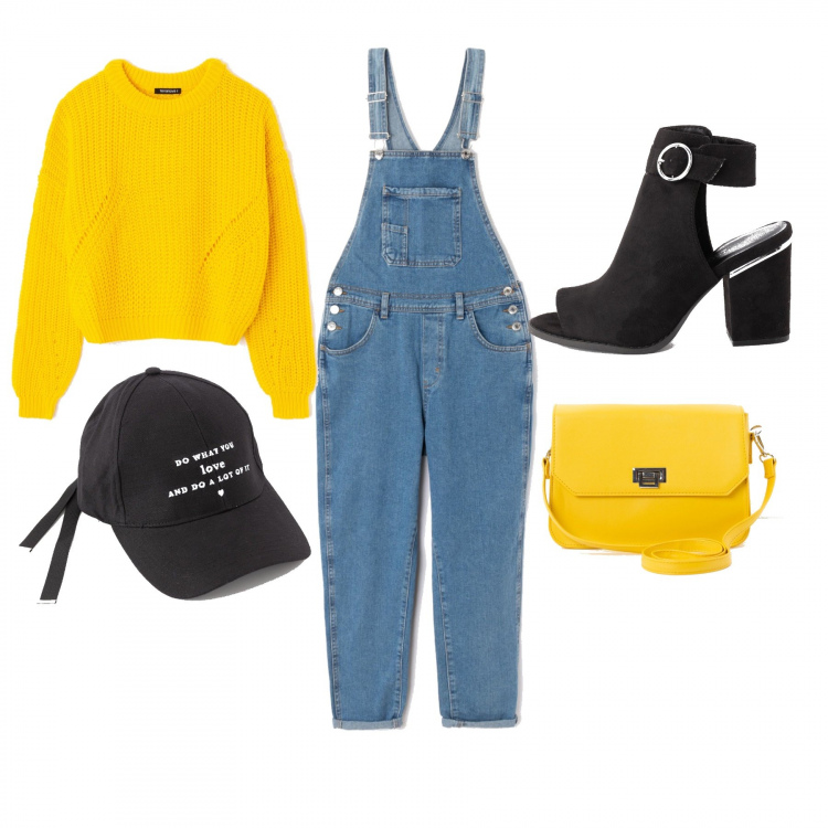 Outfit donna - Trendy #12723. Stile Trendy per Tutti i giorni. Abbinamento con salopette con bretelle in denim con bottoni blu, borsa a tracolla in ecopelle giallo, maglia girocollo a maniche lunghe tinta unita giallo, sabot nero, cappello baseball nero.