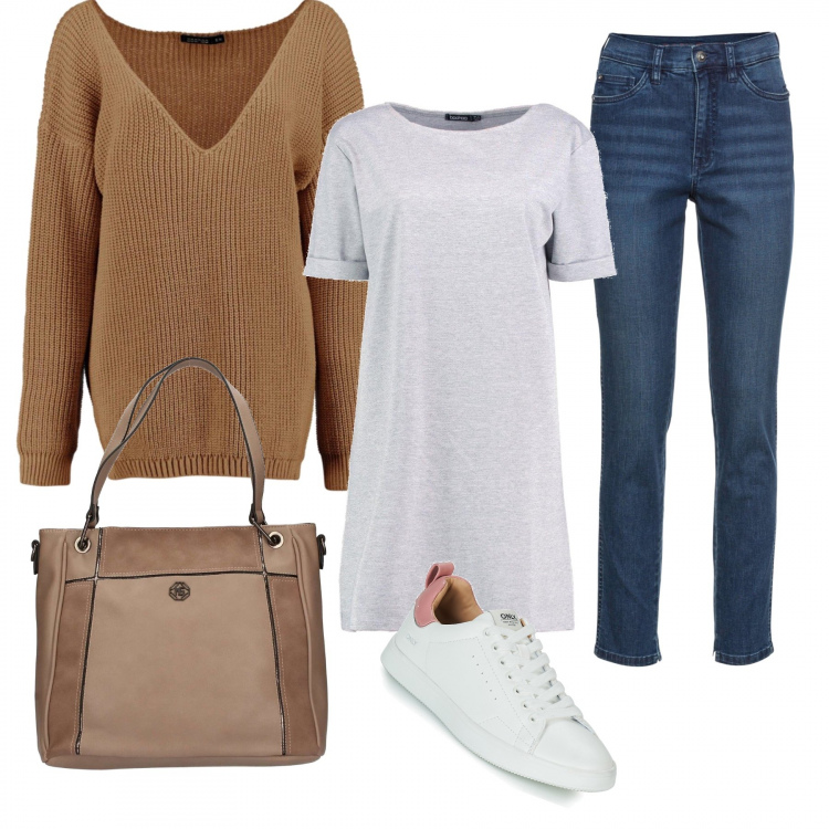 Outfit donna - Urban #4454. Stile Urban per Tutti i giorni. look ideale per Tall. Abbinamento con reggiseni, vestito a trapezio maxi con scritte jersey bianco e vivace, pullover oversize con scollo, sneakers, shopping bag grigio.