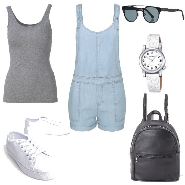 Outfit donna - Urban #4465. Stile Urban per Tutti i giorni. Abbinamento con occhiali da sole lenti sfumate in montatura in metallo tinta unita, zaino con manico e zip in ecopelle tinta unita nero, sneakers stringate in denim bianco, salopette con bretelline aderente blu, orologio analogico con cinturino.