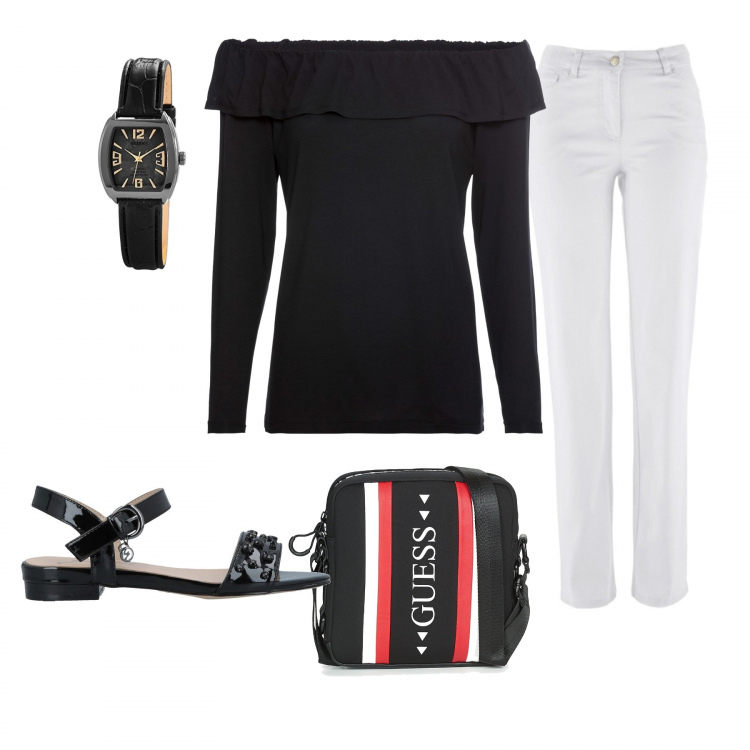 Outfit donna - Total look #276579. Abbinamento con pantaloni, maglia con volant e scollo a maniche 3/4 nero, sandali con strass effetto vernice senza tacco con fibbia e punta tonda in pelle sintetica tinta unita, top con zip nero, orologio analogico con cinturino.