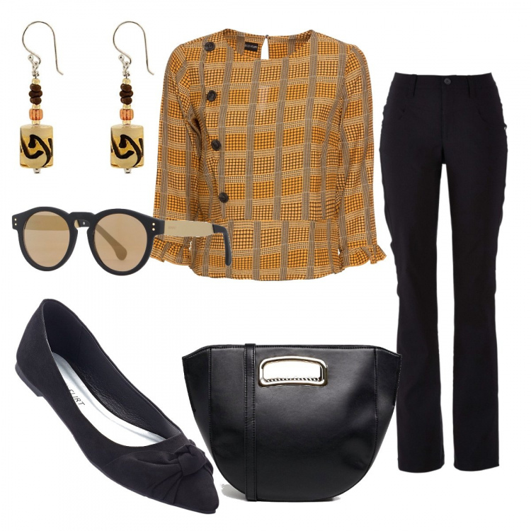 Outfit donna - A lavoro con un po\' di colore. Stile Trendy per Ufficio. Abbinamento con pantaloni, costumi interi, ballerine, occhiali da sole lenti sfumate in montatura in metallo tinta unita, shopping bag in denim oro, orecchini in argento 925.
