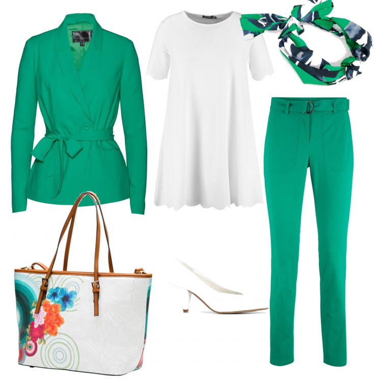 Outfit donna - Verde smeraldo. Stile Bon Ton per Tutti i giorni. look ideale per Tall. Abbinamento con stivaletti, shopping bag con stampa e zip con scomparti bianco, blazer forma asimmetrica con cintura verde, décolleté pumps bianco, foulard con nodi fantasia floreale con fasce in denim verde.