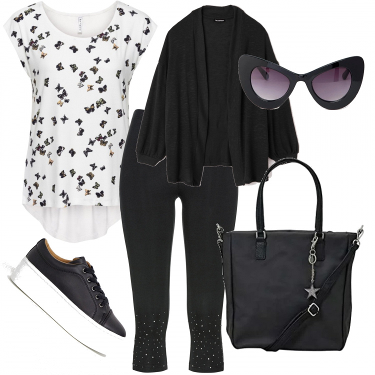 Outfit donna - Giro al mercato. Stile Basic per Tutti i giorni. Abbinamento con leggings, maglia fantasia, cardigan collo aperto tinta unita nero, sneakers stringate petite nero, shopping bag, occhiali da sole e montature per occhiali da vista a gatto lenti scure stanghette sottili protezione dai raggi.
