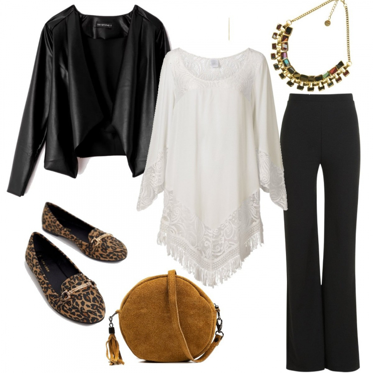 Outfit donna - La blusa con orlo carpet. Stile Trendy per Tutti i giorni. Abbinamento con vestiti da spiaggia, giacca scollatura in ecopelle nero, pantalone intero, mocassini animalier, borsa a tracolla made italy effetto scamosciato con zip interno foderato, collana in placcato argento.