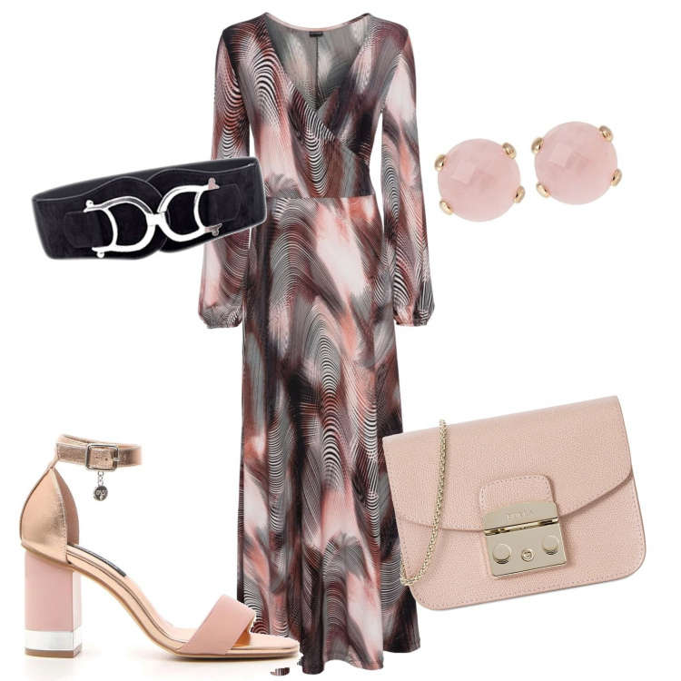 Outfit donna - Abito lungo. Stile Chic per Serata fuori. Abbinamento con cinture, vestito lungo a portafoglio rosa, sandali, orecchini rosa, borsa a tracolla mini.