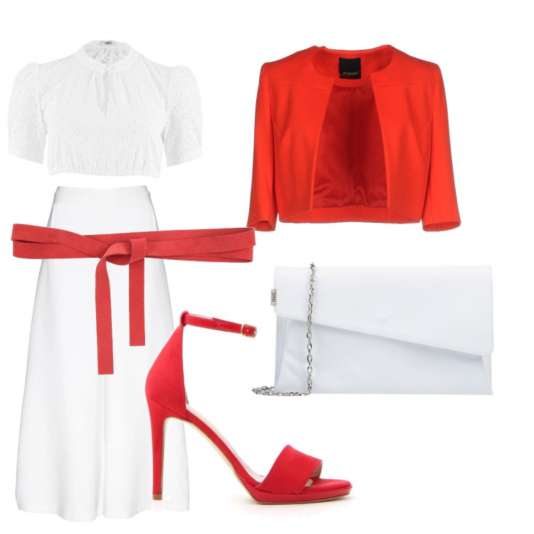 Outfit donna - Trendy #12850. Stile Trendy per Cerimonia. Abbinamento con camicie, pantaloni capri, giacca scollatura profonda a maniche corte interno foderato crêpe, cintura effetto scamosciato tinta unita, borsa a mano taglia media con zip interno in pelle tinta unita, sandali.