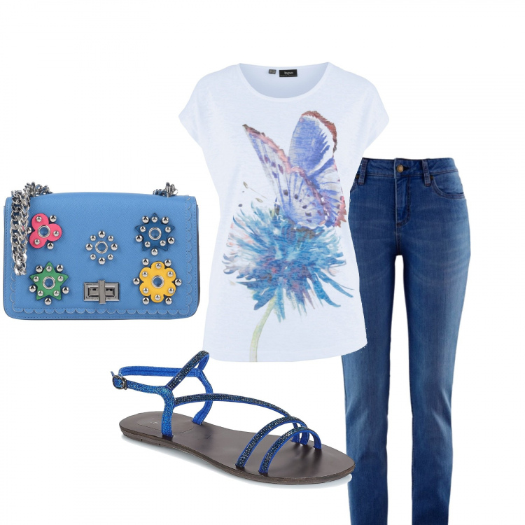 Outfit donna - Total look #277105. Abbinamento con jeans skinny, maglia con stampa filato bianco, borsa a tracolla mini con stampa e borchie a scatto interno foderato tinta unita, sandali.