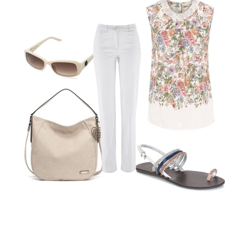 Outfit donna - Total look #277108. Abbinamento con pantaloni, blusa con pizzo fantasia con scollo senza maniche con pieghe bianco, sandali, borsa a spalla beige, occhiali da sole marrone.