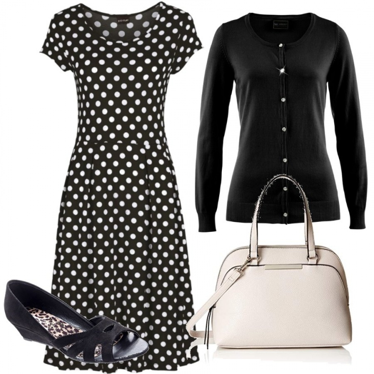 Outfit donna - Abito a pois. Stile Bon Ton per Ufficio. Abbinamento con cardigans, vestiti, décolleté con zeppe e lacci incrociati nero, borsa tote in denim bianco.