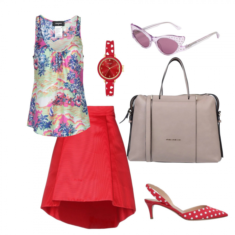 Outfit donna - Happy job. Stile Bon Ton per Ufficio. Abbinamento con gonne longuette, borsa da lavoro cartella taglia media con zip interno foderato tinta unita, top fantasia collo tondo senza maniche in raso, décolleté slingback a pois con tacco spillo a punta, orologio con fibbia, occhiali da sole.