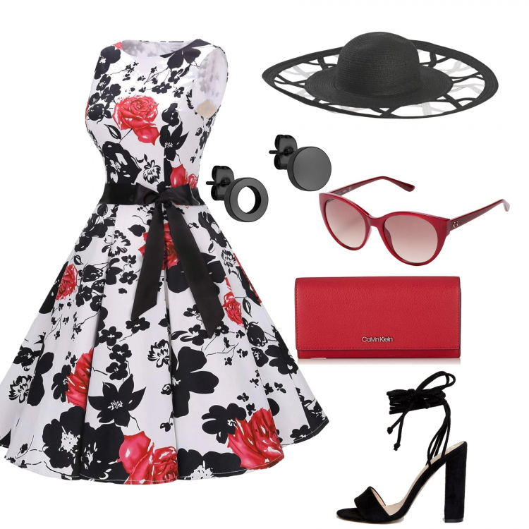 Outfit donna - Summer party. Stile Bon Ton Abbinamento con cappelli, occhiali da sole lenti sfumate montatura in plastica, vestiti, sandali con tacco largo nero, orecchini a perno, pochette rosso.