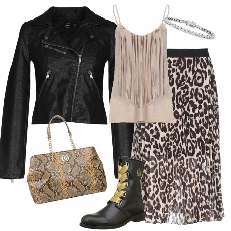 Outfit donna - Chiodo e stile trendy. Stile Trendy per Tutti i giorni. Abbinamento con top effetto scamosciato scollatura profonda senza maniche tinta unita, gonna longuette fantasia plissè interno foderato crêpe, giubbotto collo con revers a maniche lunghe con zip interno foderato in pelle sintetica tinta unita, borsa a mano maxi con stampa e zip interno foderato in pelle sintetica blu, stivali nero, bracciale con zirconia in sterling 925 ipoallergenico argento e bianco.