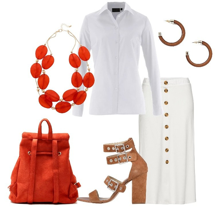 Outfit donna - Personalizza il bianco. Stile Trendy per Ufficio. Abbinamento con camicie, gonna midi con bottoni bianco, collier, sandali effetto scamosciato con tacco squadrato e cinturino con punta tonda tinta unita, zaino con coulisse, orecchini farfalla oro.