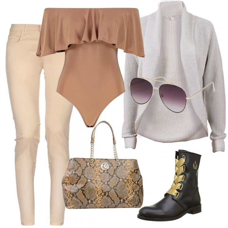 Outfit donna - Top con cardigan. Stile Trendy per Tutti i giorni. Abbinamento con borsa a mano maxi con stampa e zip interno foderato in pelle sintetica blu, jeans dritti, body con scollo a maniche corte, stivali nero, cardigan melange in denim beige, occhiali da sole da aviatore lenti colorate stanghette sottili nero.