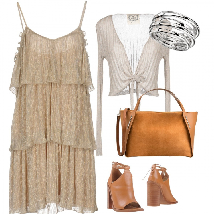 Outfit donna - Vestito con twinsets. Stile Trendy per Tutti i giorni. Abbinamento con stivaletti con tacco squadrato e cinturino open toe tinta unita, vestito corto a ruota con balze effetto laminato senza maniche interno foderato crêpe, scaldacuore lavorato a maglia a maniche lunghe tinta unita rosa, borsa a tracolla made italy effetto scamosciato con zip interno foderato con scomparti, anello argento.