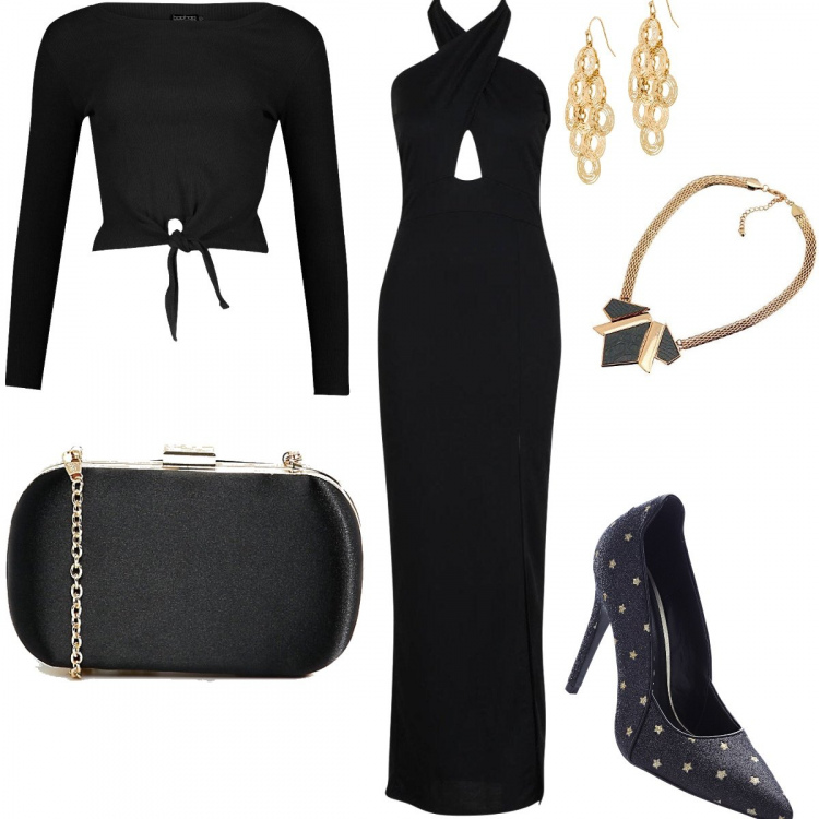 Outfit donna - Cannes Inspo #Vesto bene con poco. Stile Chic per Serata fuori. Abbinamento con vestiti chemisier, orecchini oro, vestito lungo forma intrecciata, top a maniche lunghe crop, pochette, collana in ottone oro.