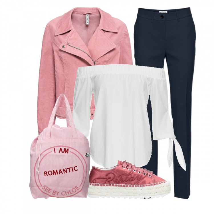 Outfit donna - Dettagli Rosa. Stile Urban per Tutti i giorni. Abbinamento con pantaloni, bluse, sneakers tennis, borse a mano.