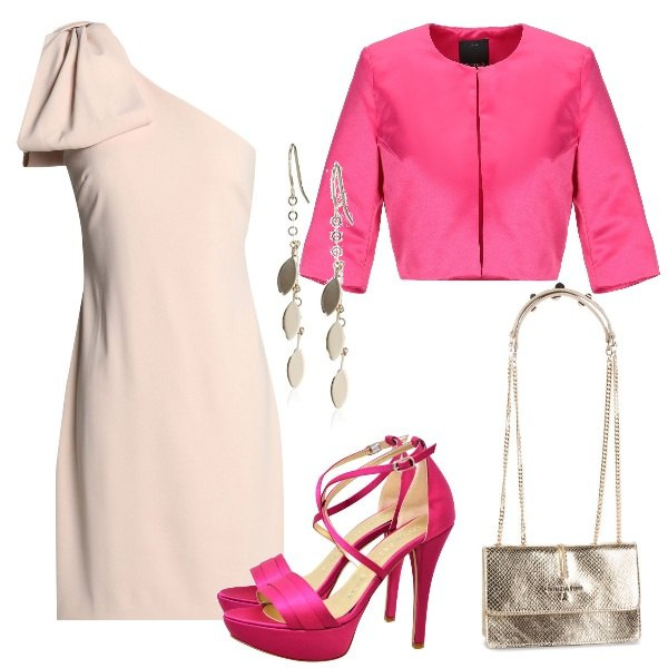Outfit donna - Pink lady. Stile Chic per Cerimonia. Abbinamento con vestiti corti, blazer, sandali con cinturino in raso, borsa a tracolla in pelle martellata, orecchini a pendolo.