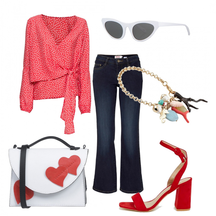 Outfit donna - Red curvy. Stile Basic per Tutti i giorni. Abbinamento con jeans bootcut, foulard, bracciale contrasto in ottone con gancio maglia navy, borse a cartella, occhiali da sole, sandali con tacco largo e punta quadrata rosso.