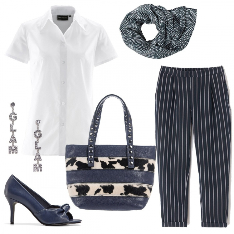 Outfit donna - Blue glam. Stile Trendy per Tutti i giorni. Abbinamento con camicie a manica corta, décolleté pumps con nodi effetto metallizzato con tacco spillo open toe blu, borsa a mano, pantalone, orecchini petite con strass farfalla, sciarpa con stampa navy.