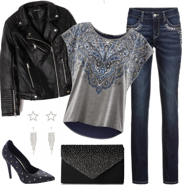 Outfit donna - Certe donne brillano. Stile Rock per Serata fuori. Abbinamento con vestiti chemisier, jeans elasticizzato skinny delavé blu, orecchini, giacca forma asimmetrica con zip in ecopelle tinta unita nero, t-shirt con stampa chiffon aderente grigio, shopping bag a bottone taglia unica nero.