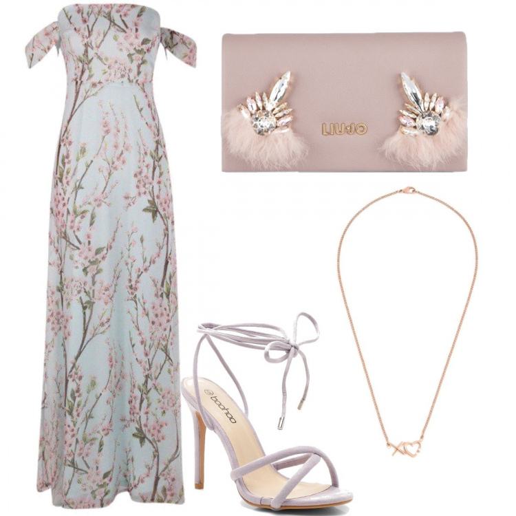 Outfit donna - Maxi vestito in fantasia floreale. Stile Chic per Cerimonia. Abbinamento con collane, vestito lungo mini fantasia floreale con scollo jersey, sandali con lacci incrociati, clutch in ecopelle.