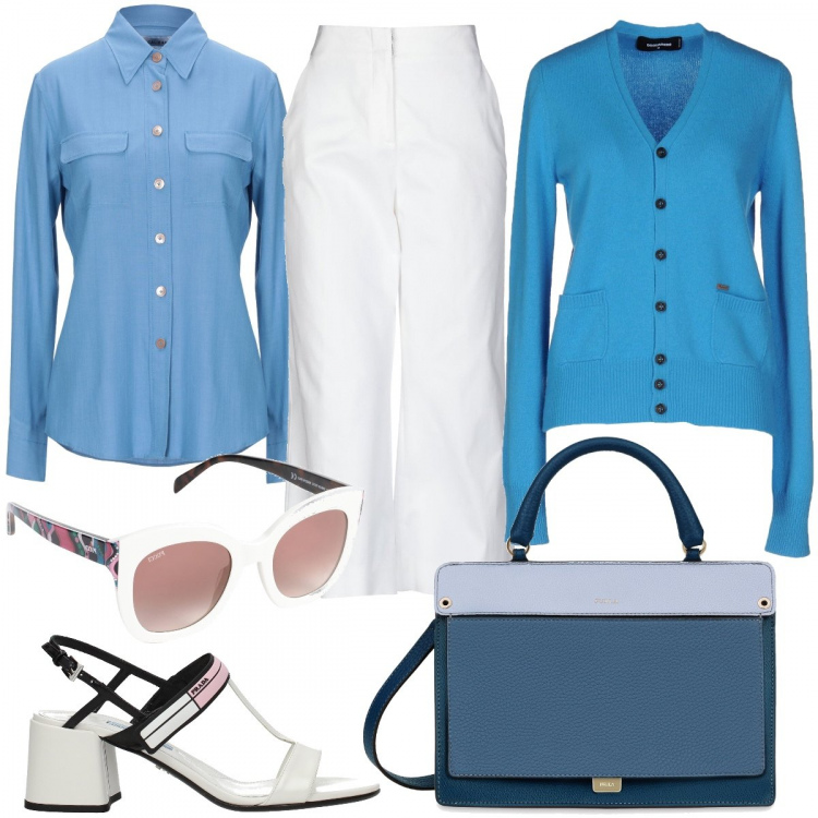 Outfit donna - Bon ton. Stile Bon Ton per Ufficio. Abbinamento con pantalone capri vita alta con zip twill, cardigan lavorato a maglia a maniche lunghe in lana tinta unita, occhiali da sole lenti a specchio montatura in plastica, camicia collo classico a maniche lunghe tinta unita, sandali bianco, borsa a mano.