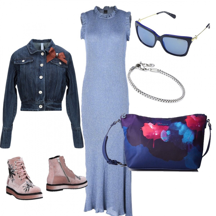 Outfit donna - Abito lungo con giacca jeans. Stile Trendy per Tutti i giorni. Abbinamento con vestiti lunghi, stivaletti, giacca con spilla collo classico a maniche lunghe interno sfoderato in denim tinta unita, borsa a tracolla in denim blu, bracciale, occhiali da sole multicolore.
