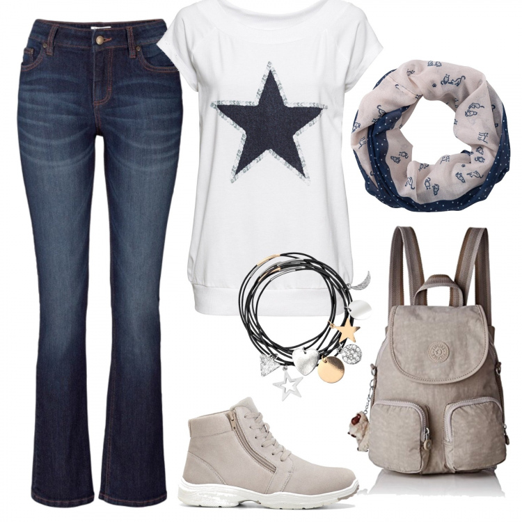 Outfit donna - The star. Stile Basic per Scuola/Università. Abbinamento con jeans bootcut, maglia taglio dritto con scollo bianco, sneakers, felpe, sciarpina, zaino con zip beige e pastello.