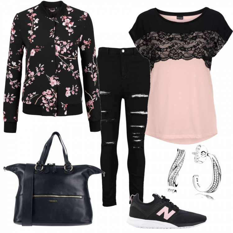 Outfit donna - Balance. Stile Basic per Scuola/Università. Abbinamento con bomber, maglia con pizzo nero, sneakers tennis, borse a mano, jeggings skinny premaman effetto strappato in denim con spille, orecchini a perno farfallina argento.