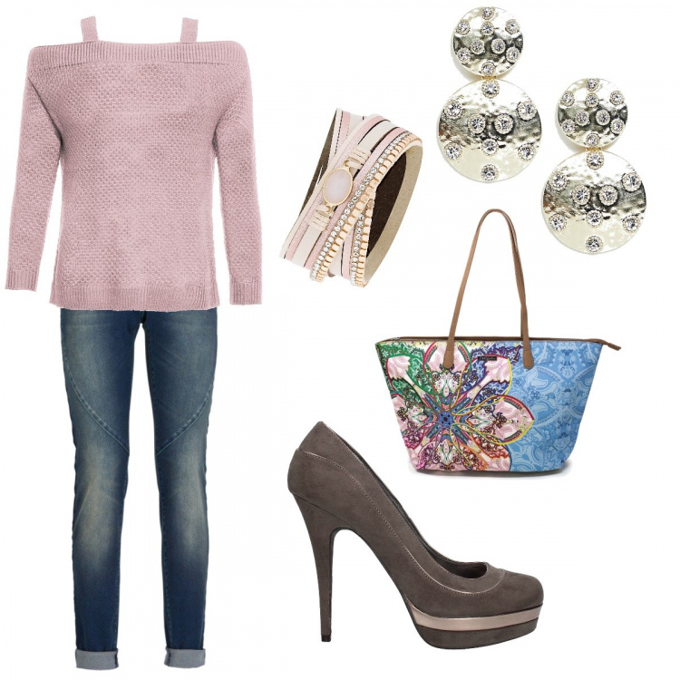 Outfit donna - Trendy #13174. Stile Trendy per Ufficio. Abbinamento con jeans boyfriend, pullover con spalle scoperte, braccialetti, décolleté, borsa a tracolla blu, orecchini pendenti farfalla oro.
