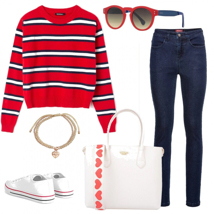Outfit donna - Gita in collina. Stile Basic per Tutti i giorni. Abbinamento con jeans vita alta in denim blu, borsa a mano taglia media con zip in pelle sintetica tinta unita, occhiali da sole fantasia in montatura in metallo, maglia a righe girocollo a maniche lunghe rosso, scarpe, bracciale.