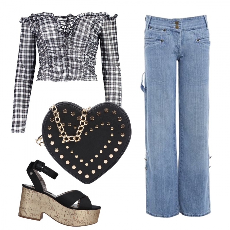 Outfit donna - Un jeans e un crop top!. Stile Trendy per Tutti i giorni. Abbinamento con borsa a tracolla mini con borchie e zip interno foderato in pelle sintetica tinta unita, sandali con tacco squadrato e fibbia interno foderato con punta tonda in raso tinta unita, top a quadri, jeans in denim blu.