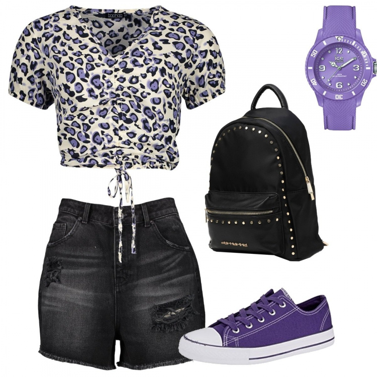 Outfit donna - Crop top rock. Stile Trendy per Tutti i giorni. Abbinamento con borsa, shorts vita media in denim, top, orologio con cinturino viola, sneakers viola.