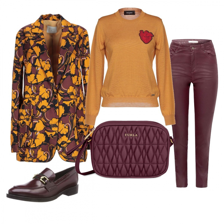 Outfit donna - Senape e vino rosso. Stile Urban per Ufficio. Abbinamento con giacca fantasia floreale collo con revers a maniche lunghe interno foderato in raso con tasche, pullover senza tasche lavorato a maglia collo tondo a maniche lunghe in lana tinta unita, borsa a tracolla, mocassini brogue contrasto rosso e oro, pantalone rosso e bordeaux.