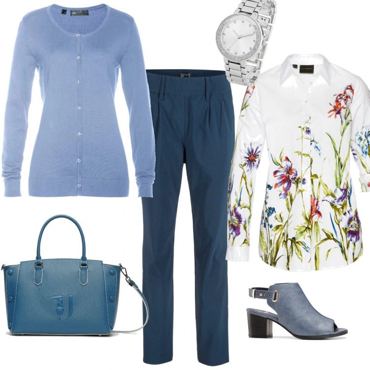 Outfit donna - Cardigan Bon ton curvy. Stile Bon Ton per Ufficio. Abbinamento con camicie, pantalone blu, cardigan con strass e scollo con bottoni blu, sandali col tacco, orologio con strass argento, borsa a mano con tracolla regolabile blu.