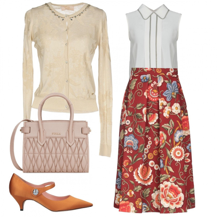 Outfit donna - Eleganza retró. Stile Bon Ton per Ufficio. Abbinamento con cardigan con strass lavorato a maglia collo tondo a maniche lunghe senza tasche tinta unita, gonna longuette senza tasche fantasia floreale con zip interno foderato elasticizzato, top collo classico in seta crêpe, décolleté a punta in raso tinta unita, borsa a tracolla mini.
