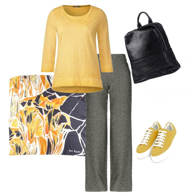Outfit donna - Aspettando il sole. Stile Urban per Scuola/Università. Abbinamento con foulard fantasia multicolore in raso, pantalone wide leg effetto laminato jersey, borsa, t-shirt a maniche lunghe giallo e oro, sneakers stringate petite senape.