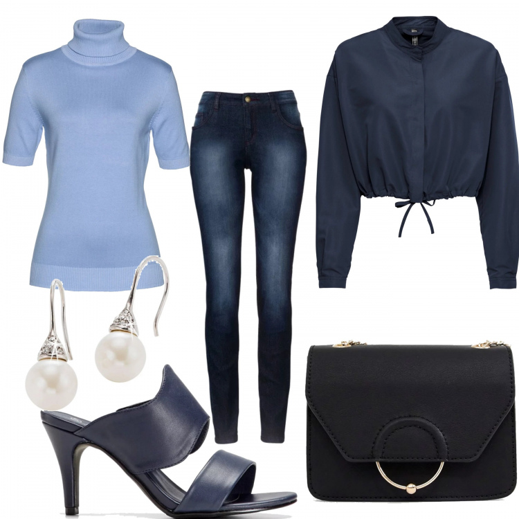 Outfit donna - A 107 €....outfit completo. Stile Basic per Tutti i giorni. Abbinamento con jeans skinny, sandali, pullover a maniche corte, giubbotto oversize con bottoni blu, orecchini, borsa a mano petite.