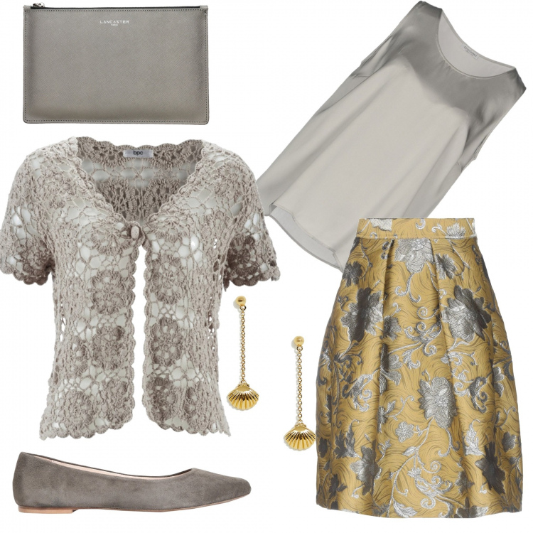 Outfit donna - Cardigan bon ton. Stile Bon Ton per Cerimonia. Abbinamento con bolero, gonna al ginocchio fantasia floreale effetto laminato con zip interno sfoderato crêpe, top collo tondo senza maniche in raso tinta unita, ballerine effetto scamosciato a punta in pelle, pochette con logo frontale grigio, orecchini pendenti oro.