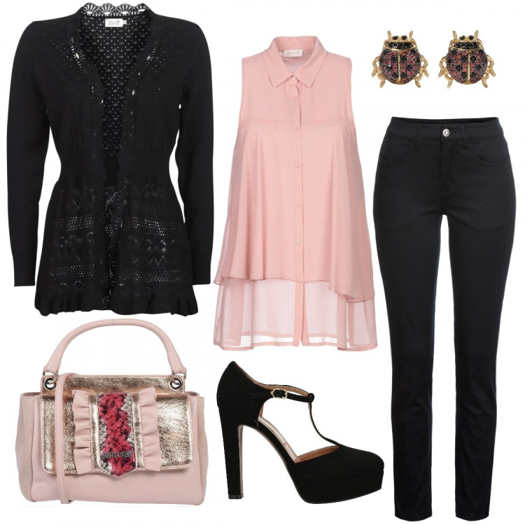 Outfit donna - Good luck. Stile Trendy per Ufficio. Abbinamento con pantaloni, camicia collo classico tinta unita, borsa a mano con manico effetto laminato taglia media interno foderato tinta unita, orecchini con strass e farfallina nero, sandali nero, gilet.
