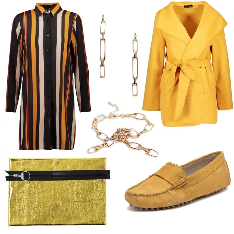 Outfit donna - Senape vertiale. Stile Trendy per Tutti i giorni. Abbinamento con pochette effetto laminato con zip in pelle sintetica tinta unita, cappotto con cintura scollo a cascata, vestito, mocassini effetto scamosciato con punta tonda senape, orecchini pendenti oro, bracciale con catena oro.
