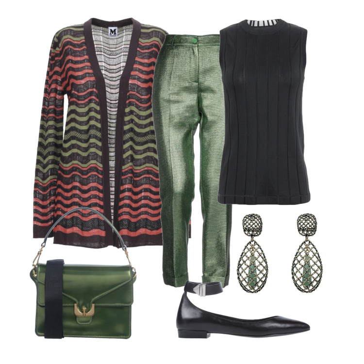 Outfit donna - Serata chic. Stile Chic per Serata fuori. Abbinamento con pantalone gamba cono effetto laminato con zip tinta unita, cardigan fantasia lavorato a maglia scollatura profonda a maniche lunghe, borsa a mano mini con manico tinta unita, top collo tondo in viscosa jersey, ballerine a punta tinta unita, orecchini.