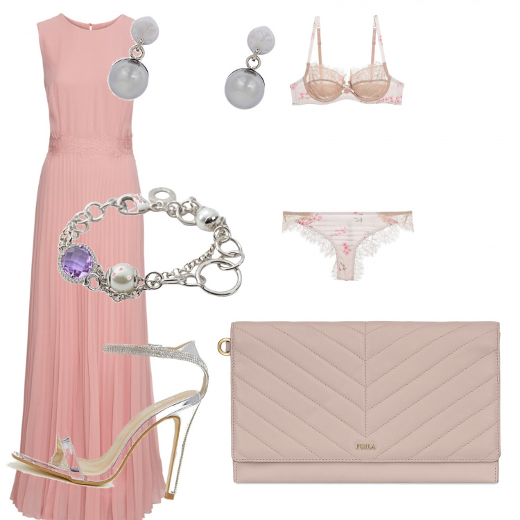 Outfit donna - Cerimonia. Stile Bon Ton per Cerimonia. Abbinamento con vestiti senza maniche, bracciale con strass e perline con gancio maglia, intimo coordinato con pizzo tinta unita, sandali con strass e cinturino nudo e argento, orecchini, clutch.