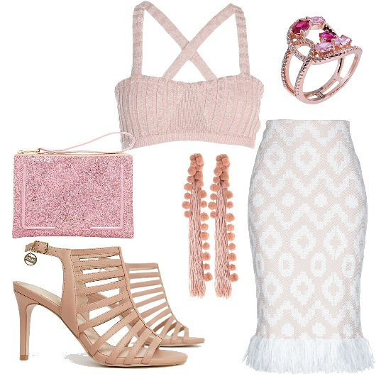 Outfit donna - Total look rosa. Stile Trendy per Serata fuori. Abbinamento con gonna longuette a tubino contrasto lavorato a maglia interno sfoderato, anello, top fantasia lavorato a maglia scollatura profonda vestibilità ampia, orecchini, sandali pianta larga, pochette a righe con zip e tasca interna.