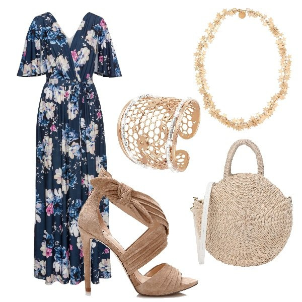 Outfit donna - Cerimonia romantica. Stile Bon Ton per Cerimonia. Abbinamento con vestiti lunghi, borsa a mano mini doppio manico interno sfoderato in paglia tinta unita, collana con gancetto oro, sandali effetto scamosciato, anello fantasia floreale.
