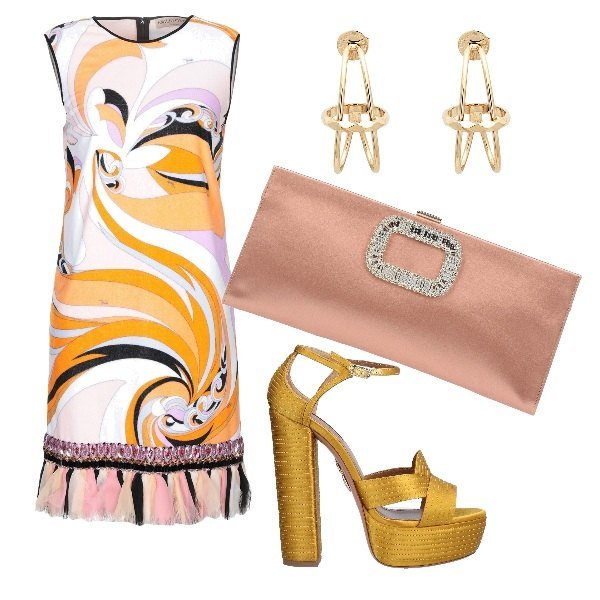 Outfit donna - Madrina di battesimo. Stile Chic per Cerimonia. Abbinamento con vestiti corti, sandali con tacco squadrato e fibbia con punta tonda in raso tinta unita, orecchini con farfallina in ottone oro, borsa a mano con strass taglia media a scatto interno foderato in raso tinta unita.