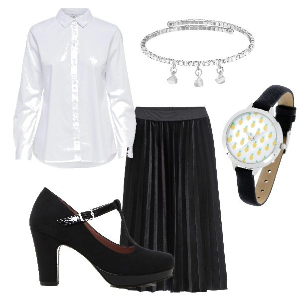 Outfit donna - Moderna Coco. Stile Bon Ton per Ufficio. Abbinamento con pantaloni, orologio, camicie, décolleté, bracciale.